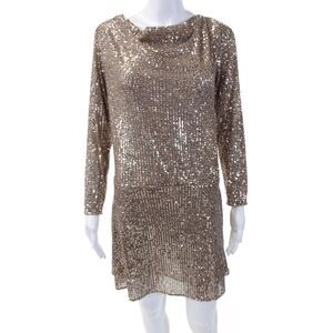 Rixo Womens Metallic Sequin Open Back Long Sleeve Mini Dress Brown Size XS